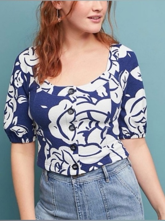 Anthropologie Tops - Anthropologie Maeve Puff Sleeve Top Blue White Floral Cottagecore Size M